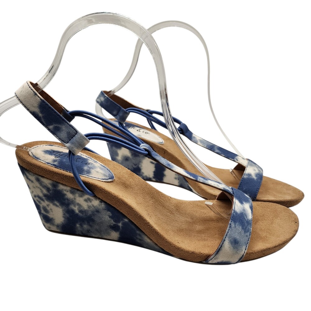 Style & Co Mulan Blue Denim Tie Dye Canvas Demi Wedge Heel Sandals Strappy 7M